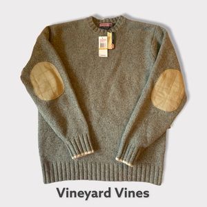 Vineyard Vines Wool Sweater with Tan Elbow Patches, NWT. Donegal Gray Sweater
